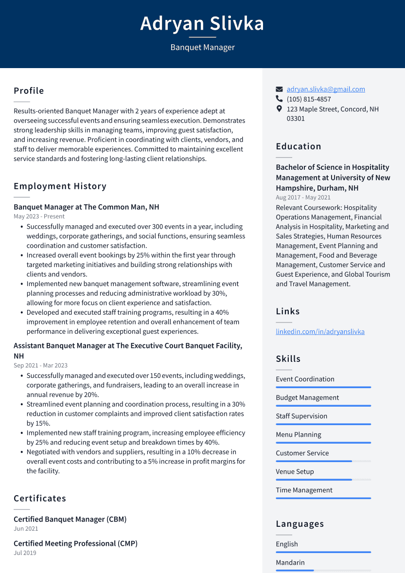Banquet Manager Resume Example