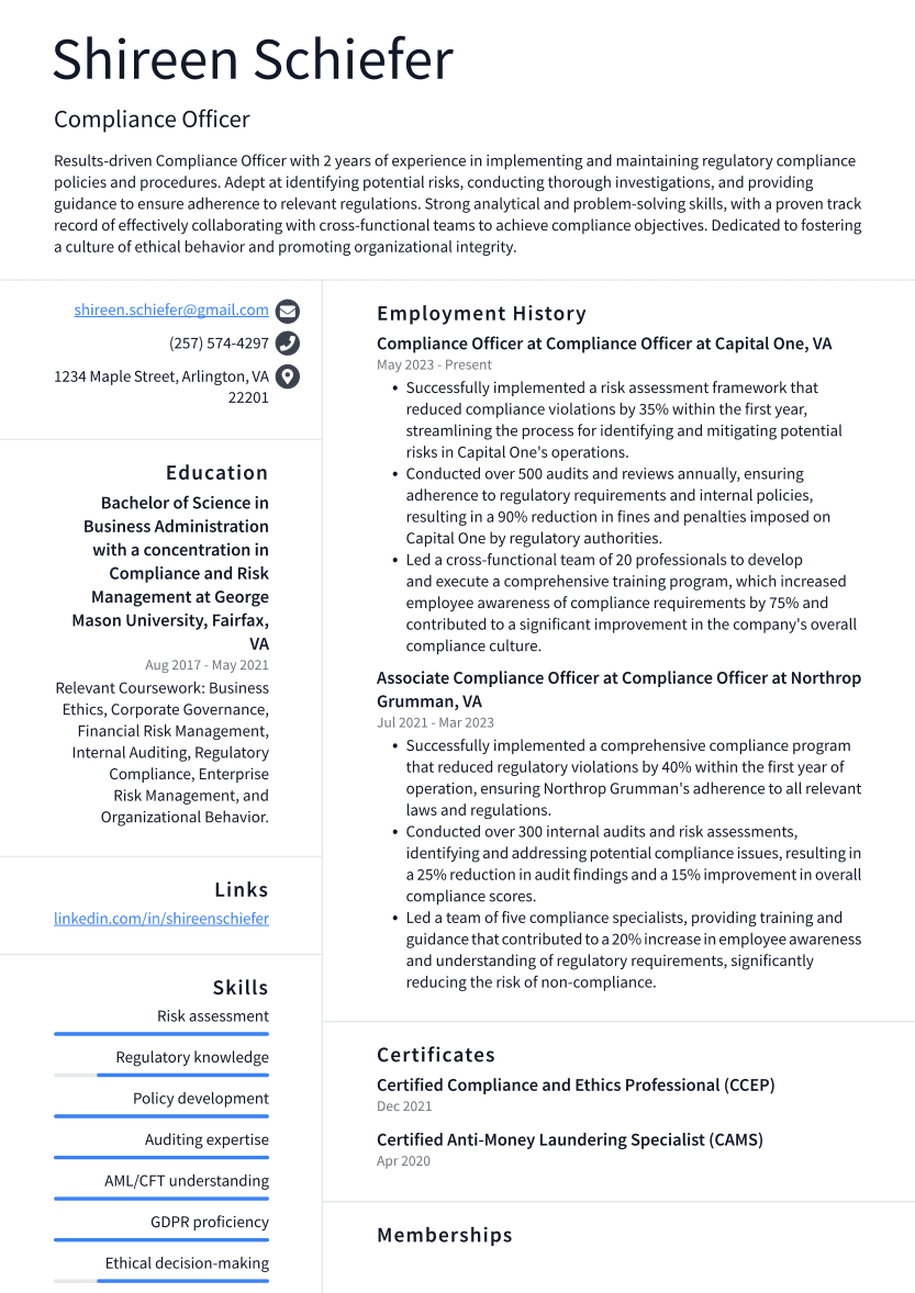 Compliance Officer Resume Example