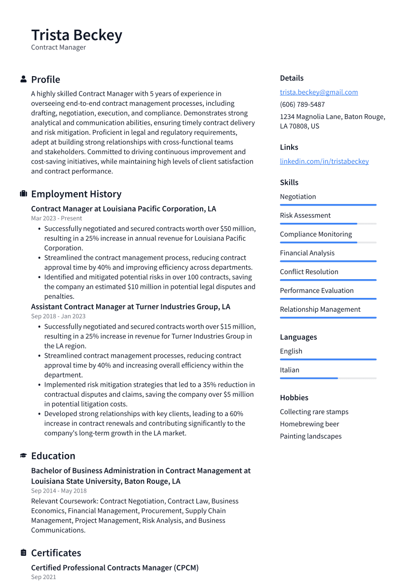 Contract Manager Resume Example