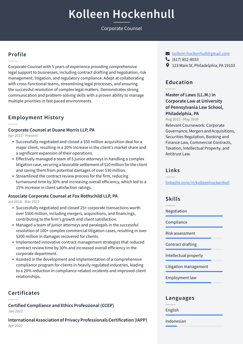 Corporate Counsel Resume Example