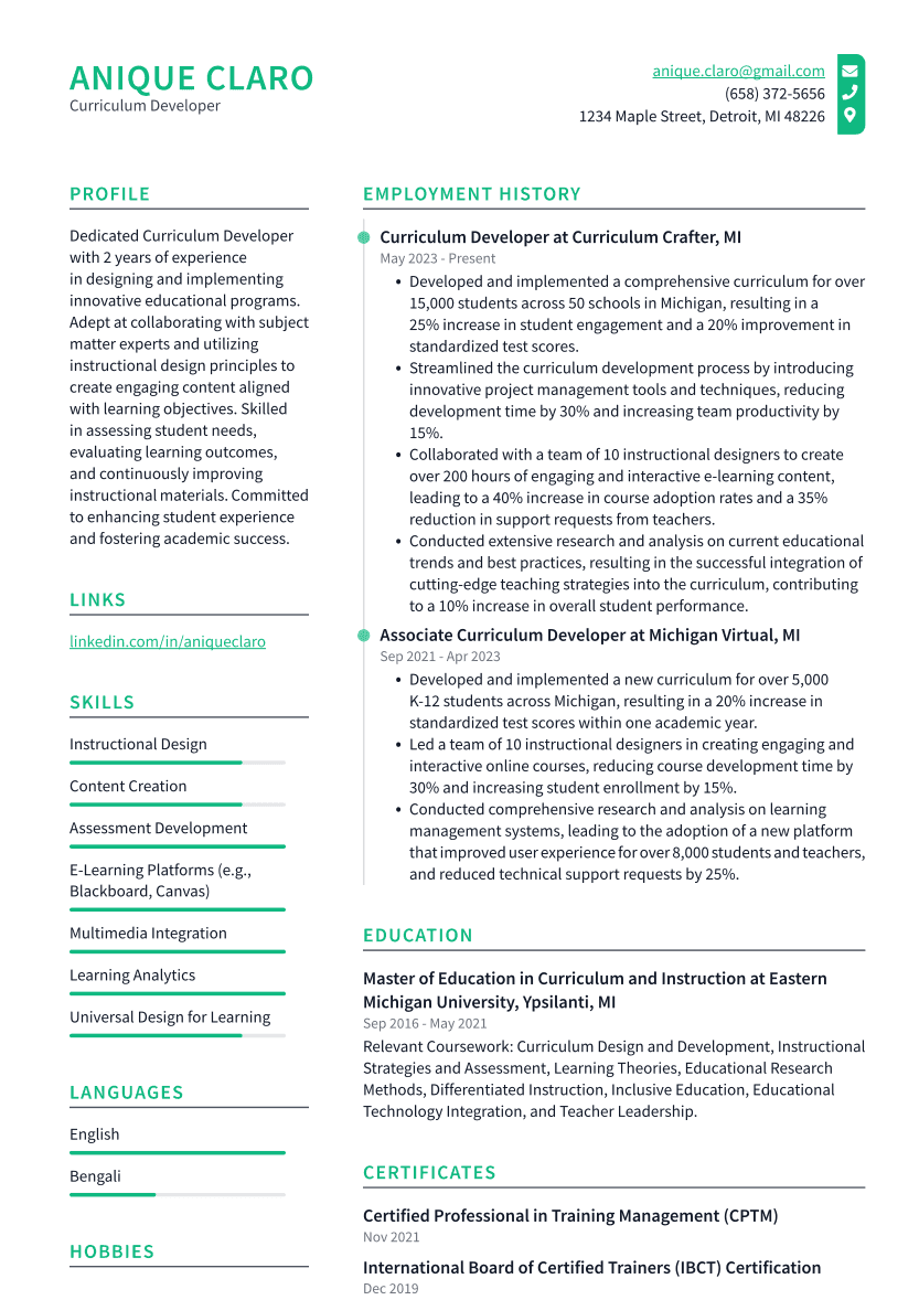 Curriculum Developer Resume Example