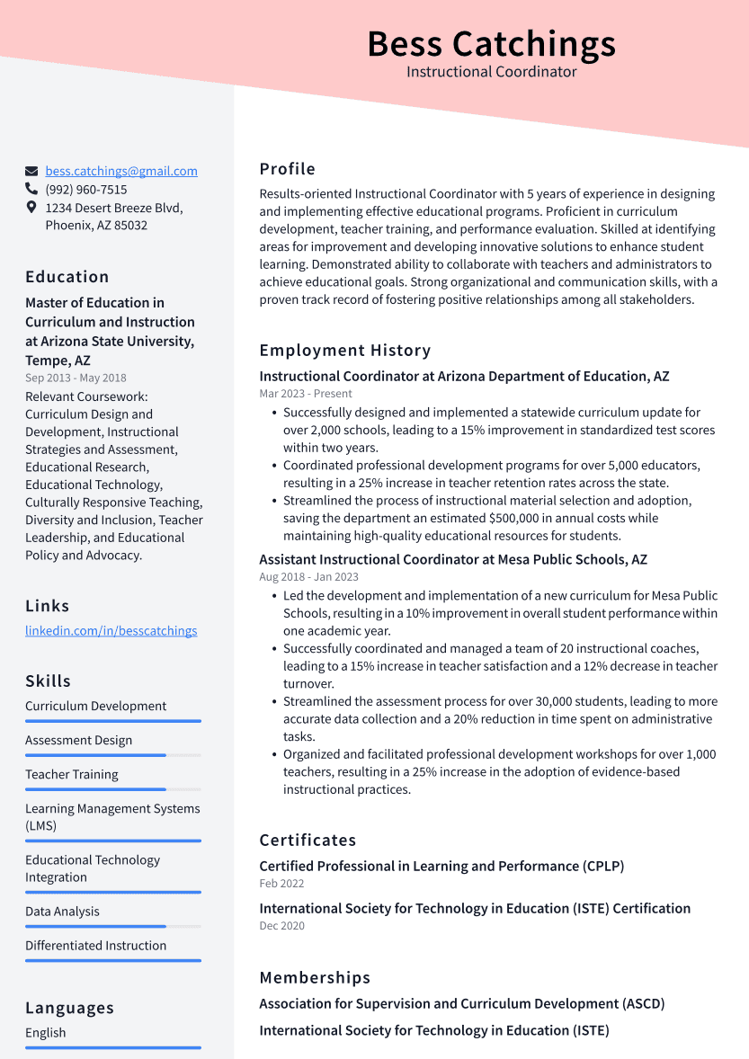 Instructional Coordinator Resume Example