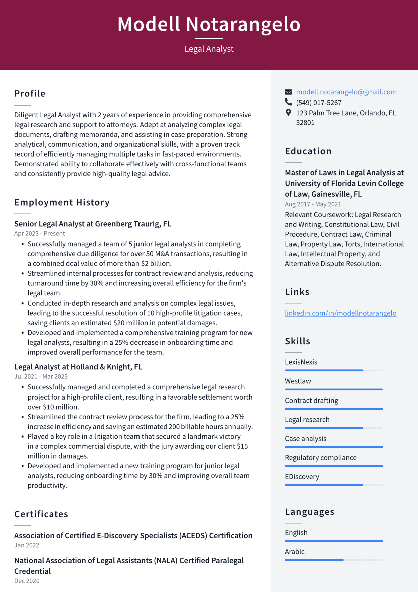 Legal Analyst Resume Example