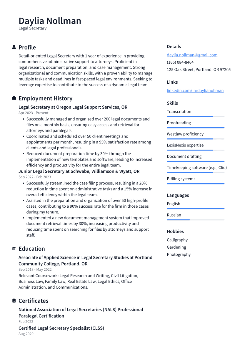 Legal Secretary Resume Example