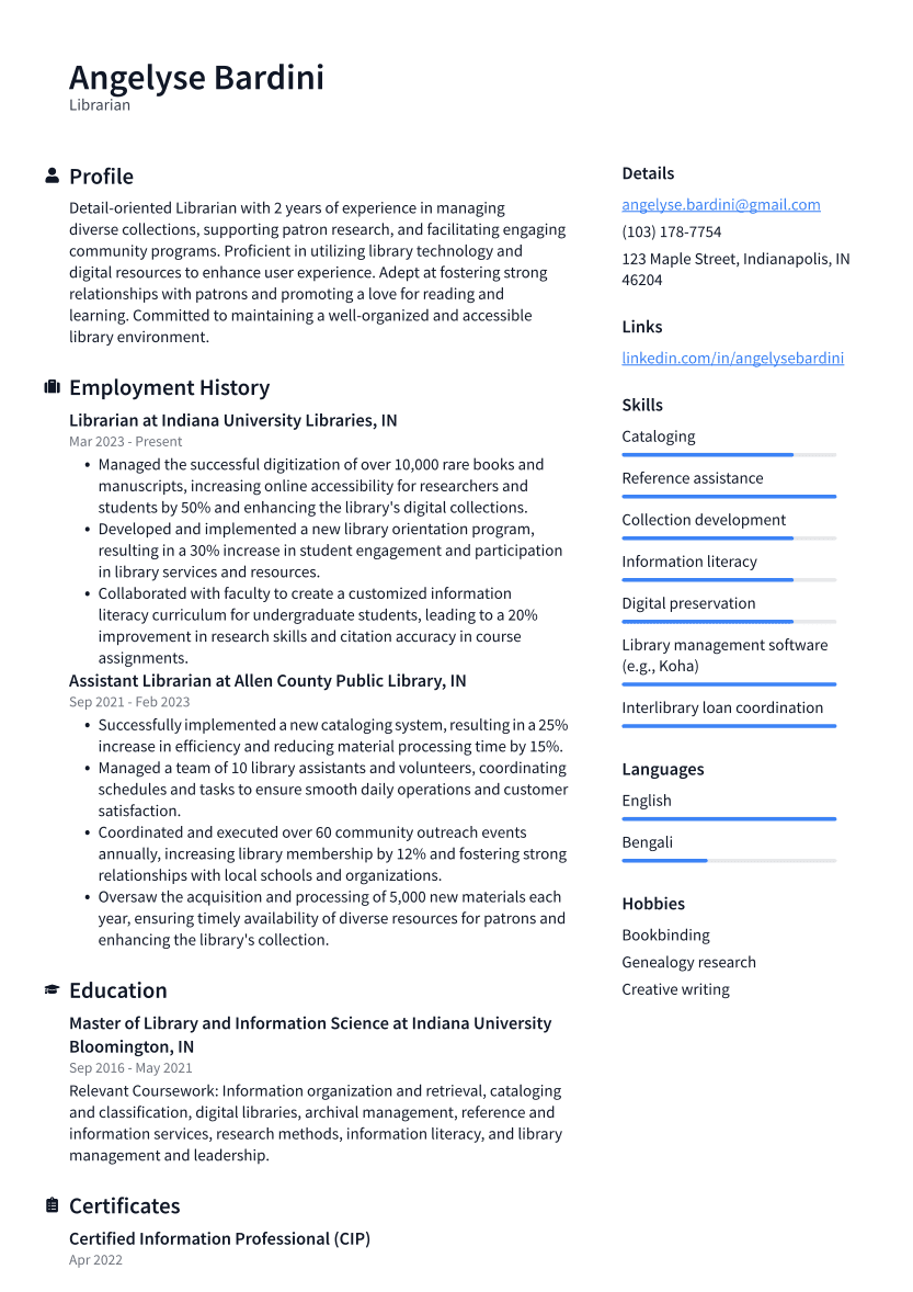 Librarian Resume Example