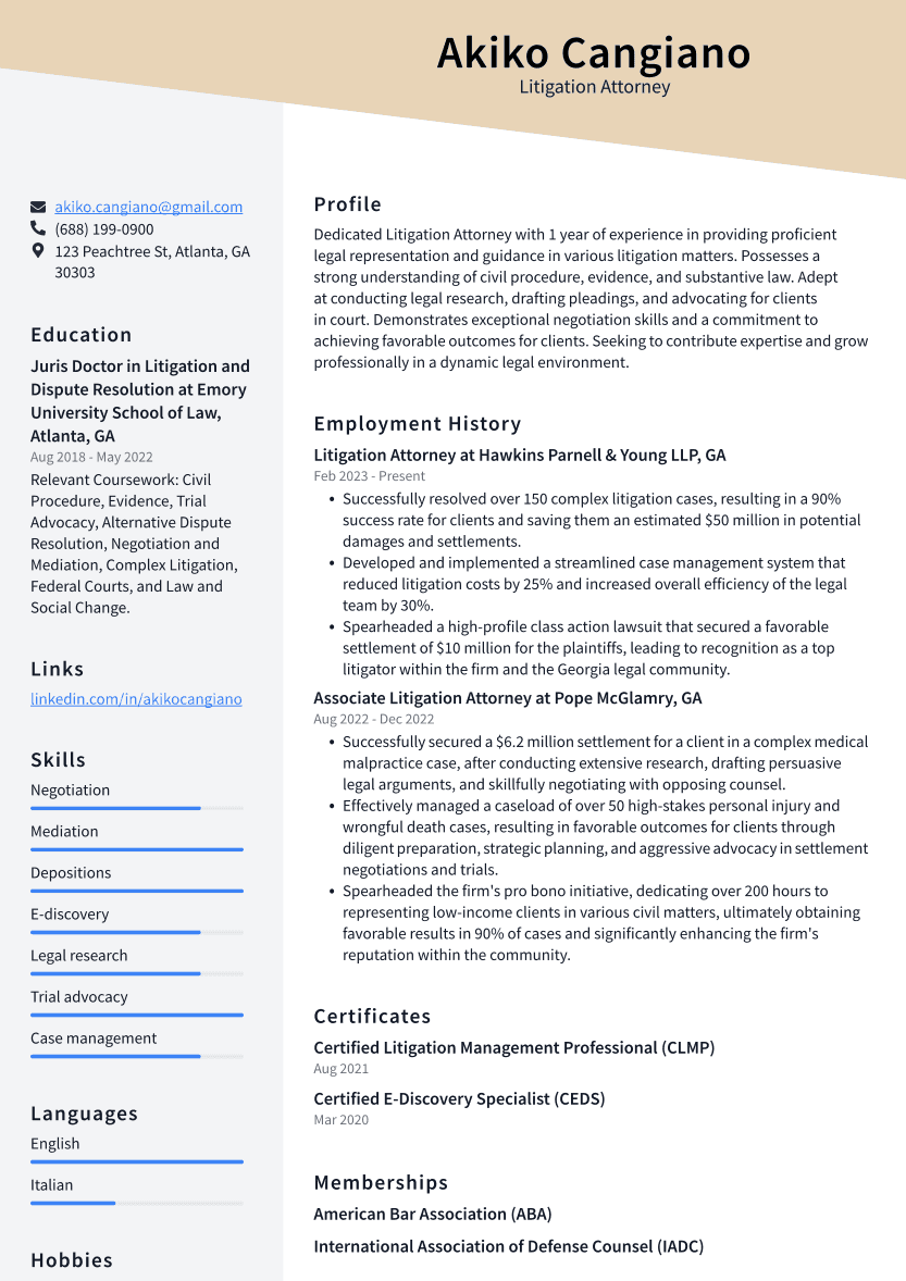 Litigation Attorney Resume Example