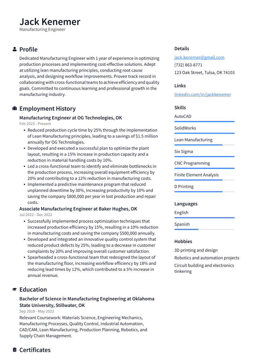 Manufacturing Engineer Resume Example