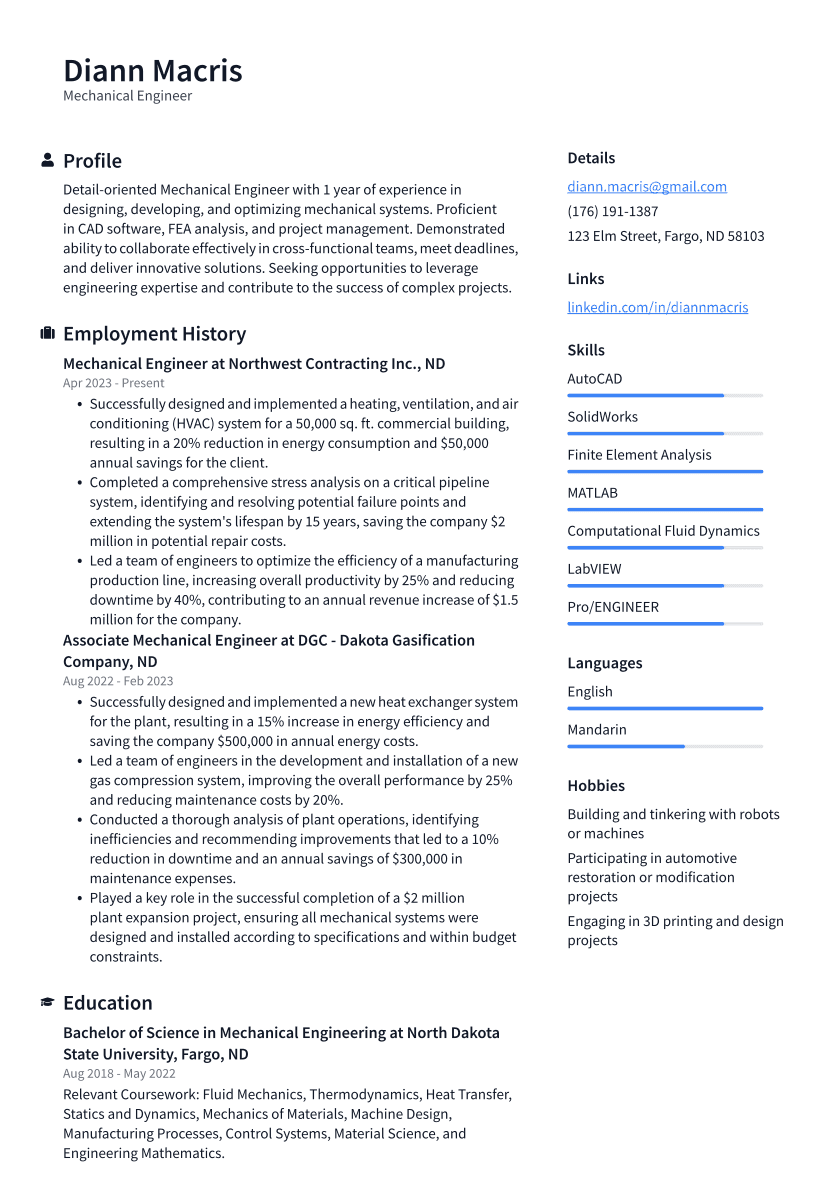 Mechanical Engineer Resume Example