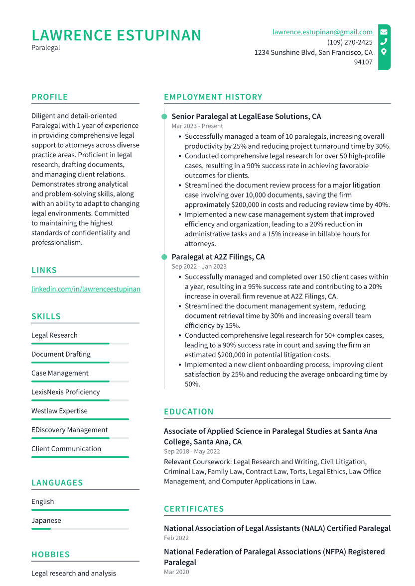 Paralegal Resume Example