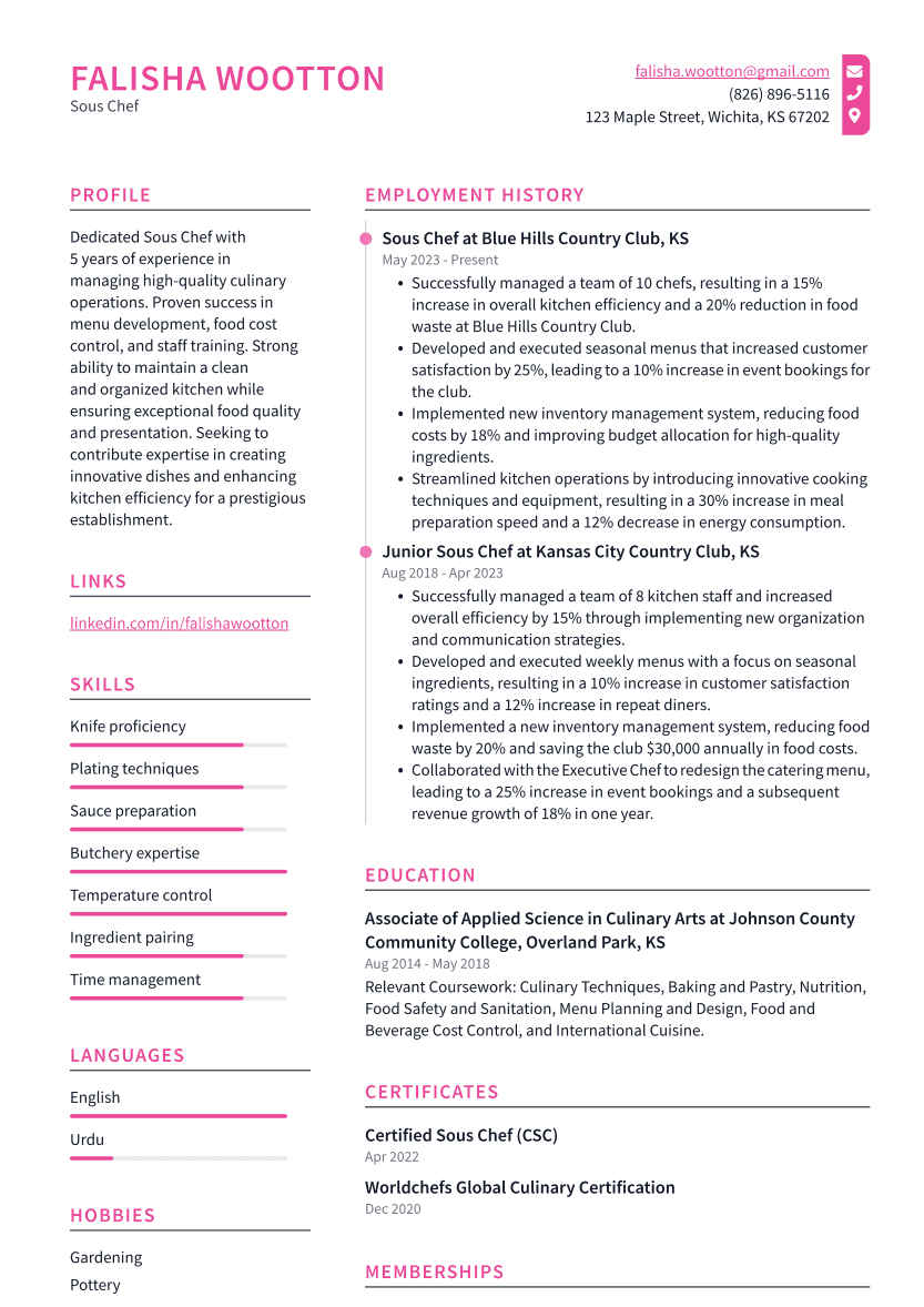 Sous Chef Resume Example