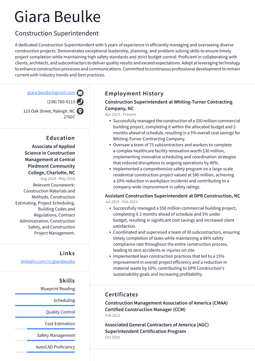 Construction Superintendent Resume Example