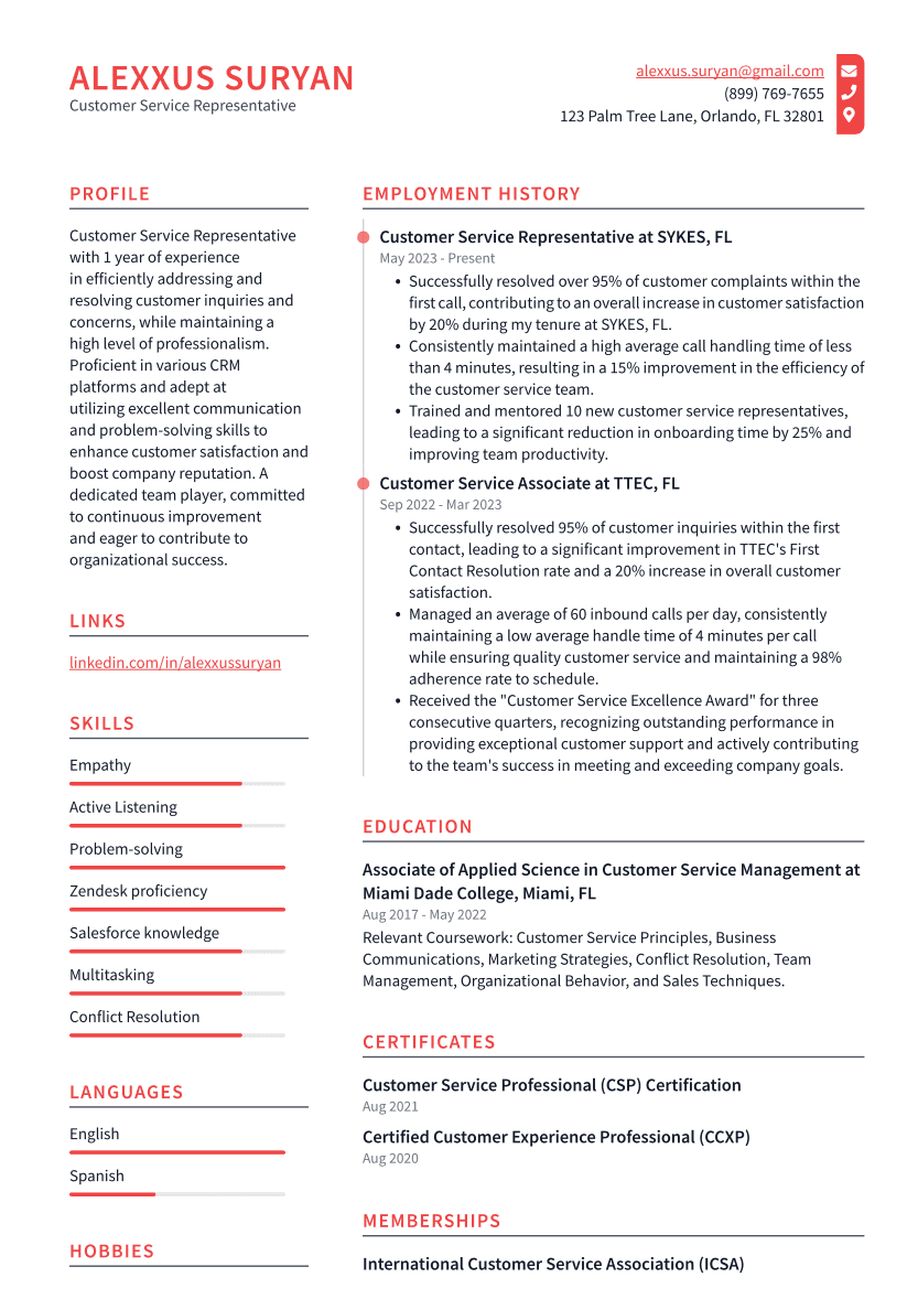 Customer Service Representative Resume Example
