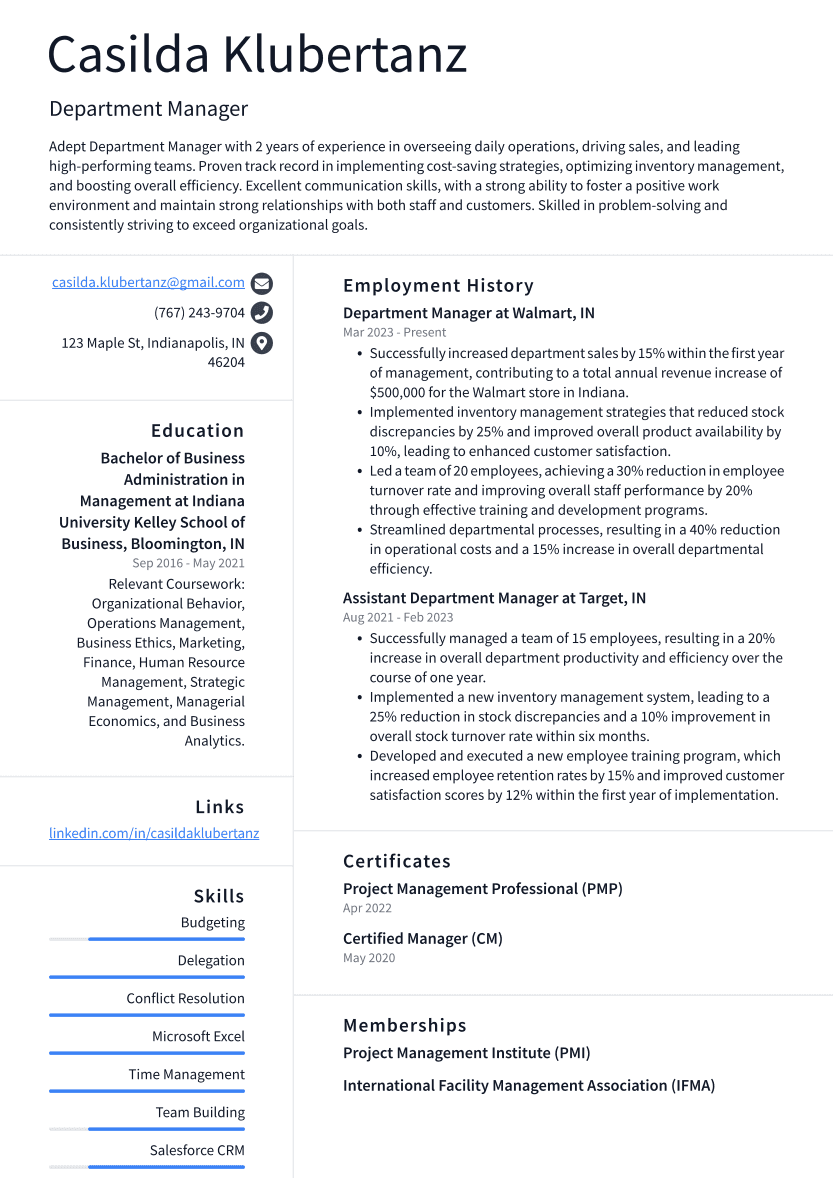 Department Manager Resume Example
