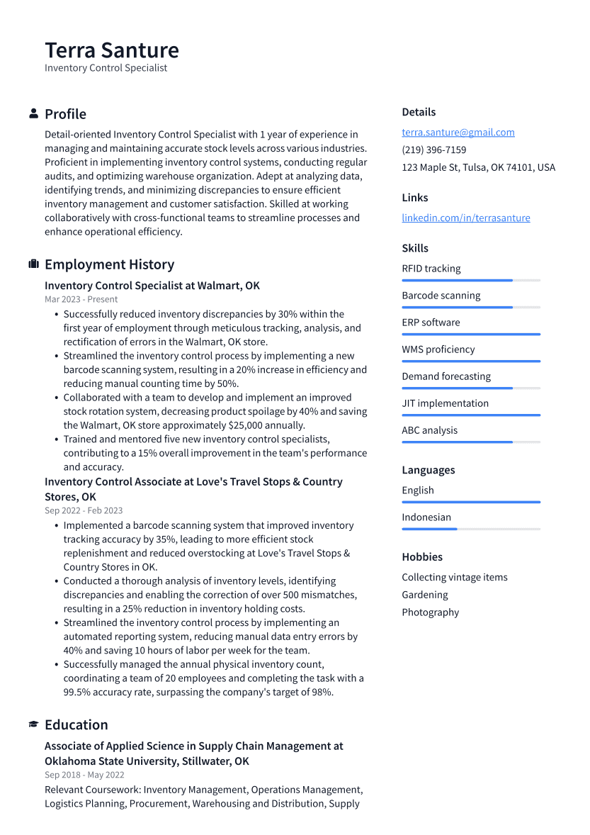 Inventory Control Specialist Resume Example