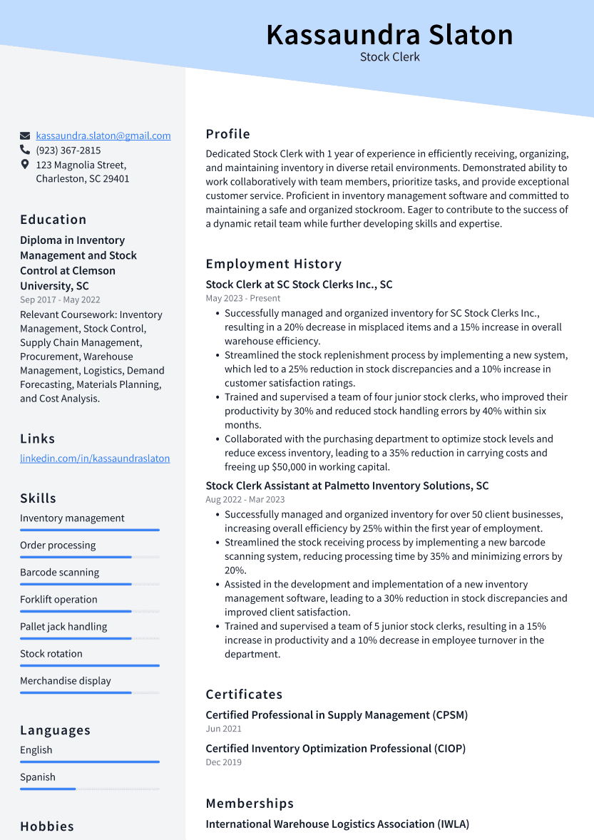 Stock Clerk Resume Example